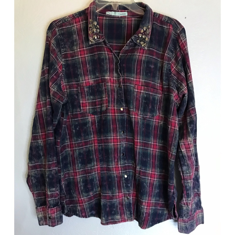 Maurices rhinestone neck light wash shirt top XL